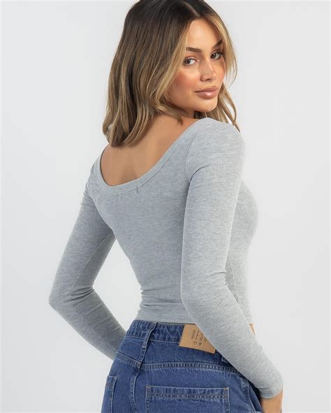 Shop Mooloola Basic Scoop Neck Long Sleeve Top In Grey - Fast Shipping ...