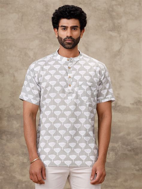 Men Cotton Short Length Printed Pocket Kurta Mint Grey OD47