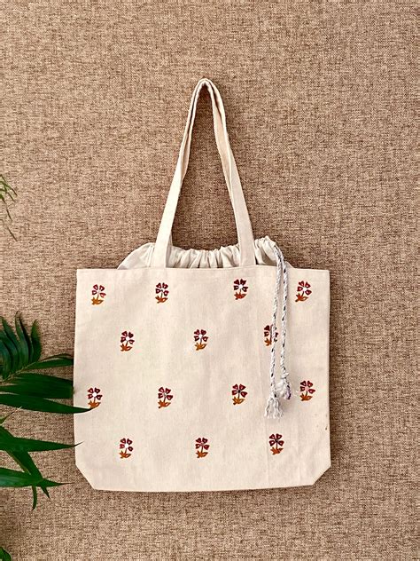 Handcrafted Tote Bags with Floral Blockprint & Mirror Work – Sumaavi