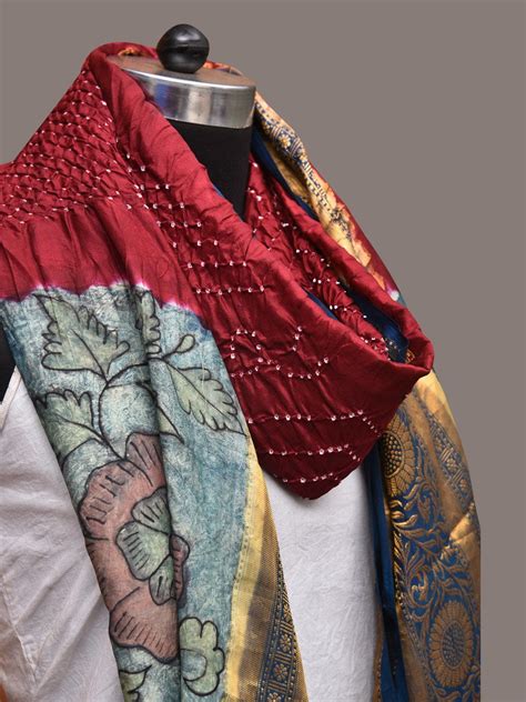Maroon and Blue Bandhani Kanchipuram Silk Handloom Dupatta with Kalamk ...