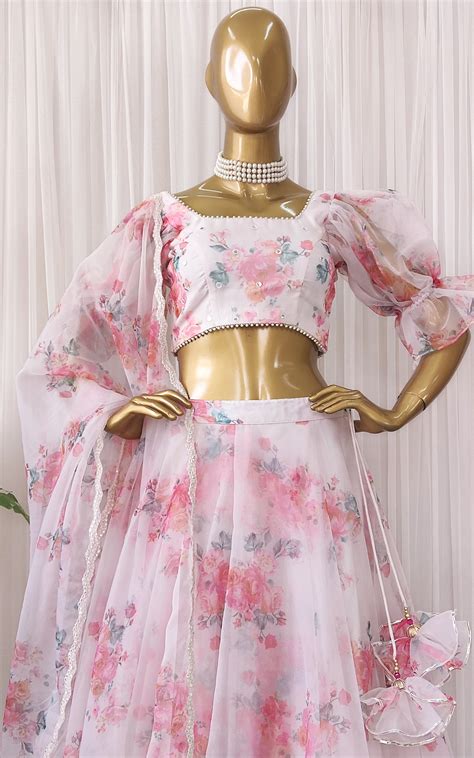 Off White Floral Organza Lehenga