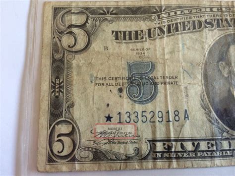 Series 1934 - C $5 Silver Certificate, Blue Seal With Star