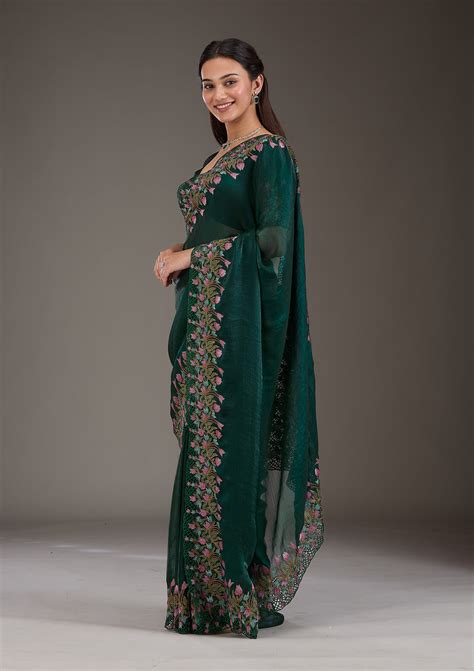 Buy Bottle Green Threadwork Tissue Saree - Koskii