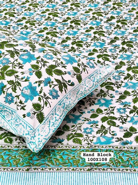 Pure Handblock King Size Cotton Bedsheet Set with 2 Reversible Zipped ...