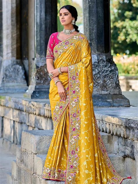 Mustard Color Embroidered Banarasi Silk Saree - VJV Now - India