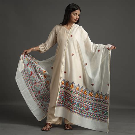 White Handloom Chanderi Silk Handpainted Madhubani Dupatta