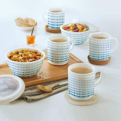 Cello Opalware Midori Mugs and Bowl Set, Cool Dots, White, Bowl, Cup ...