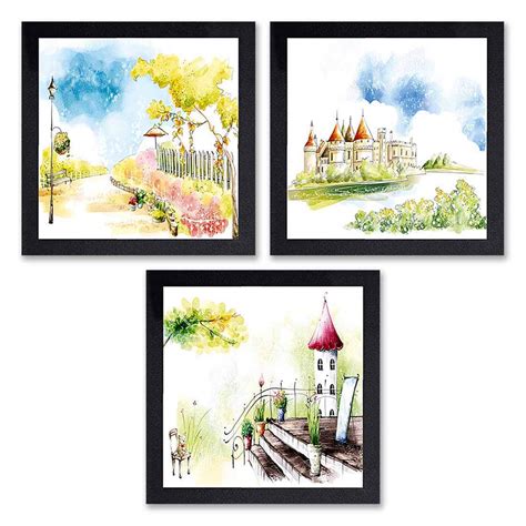 PnF Set of 3 Painting of Cartoon Landscape 0140-(14x14inch, setof3 ...