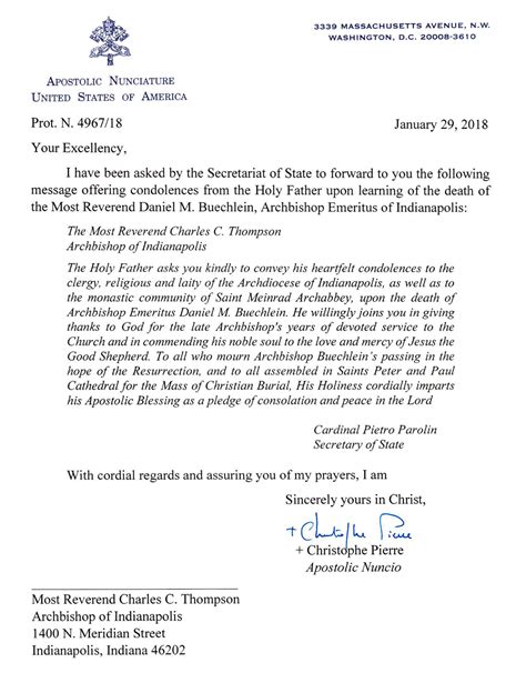 Letter of Condolence from Pope Francis (February 2, 2018)
