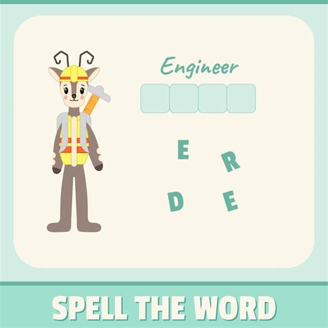 Kid's spell word game with cute engineer deer | Premium Vector