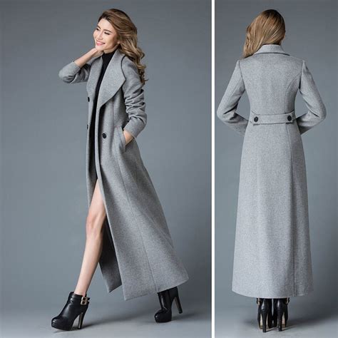 Long Wool Coat Women, Gray Wool Trench Coat, Double Breasted Wool Maxi ...