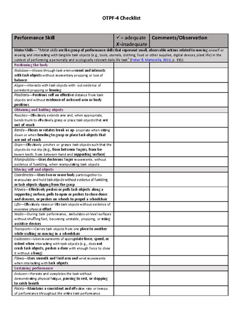 OTPF-4 Performance Skills Checklist for Occupational Therapy - Studocu