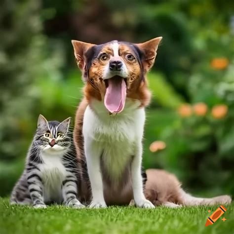 Cat and dog playing in a garden