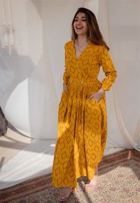 Indian Ethnic Women's Kimaya Yellow Wrap Around Cotton Dress – THE ...