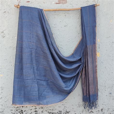 RADHIKA-Linen Rust Blue With Golden Zari Saree – Sanskruti