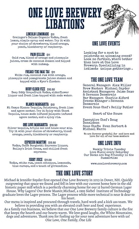 Menu at One Love Brewery restaurant, Lincoln, 25 S Mountain Dr