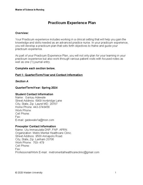 Practicum Experience Plan2 Blankform - Practicum Experience Plan ...