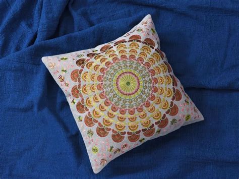 Cushion Covers - Indian Mandala Embroidery With Chambray Design Bright ...