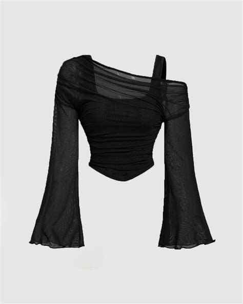 Mesh Off-Shoulder Long Sleeve Black Top – Littlebox India