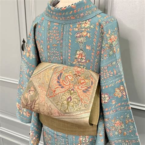 embroidery bird＊汕頭刺繍 スワトウ刺繍 鶯色 オリーブグリーン 鳥 リサイクル名古屋帯 A490 | kimono tento