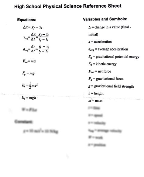SOLUTION: High school physical science reference sheet - Studypool