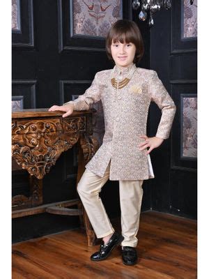 Buy Ahhaaaa Beige Kids Jacquard Floral Printed Sherwani and Pant (Set ...