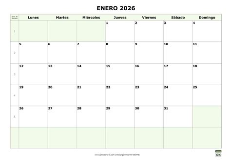 Calendario Enero 2026 con Número de Semana | PDF, Word y Excel Gratis=