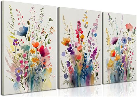 Framed Colorful Wildflower Canvas Wall Art Set Of 3 Flowers Pictures ...