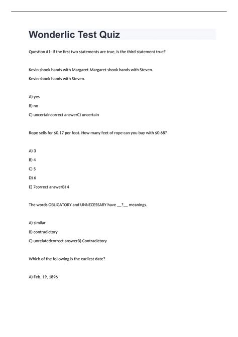 Wonderlic practice quiz with well answered questions - Wonderlic ...