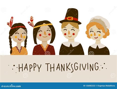 Thanksgiving Greeting Card with Indians and Pilgrims Stock Vector ...