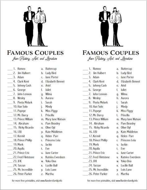 Famous Couples Game Free Printable - prntbl.concejomunicipaldechinu.gov.co