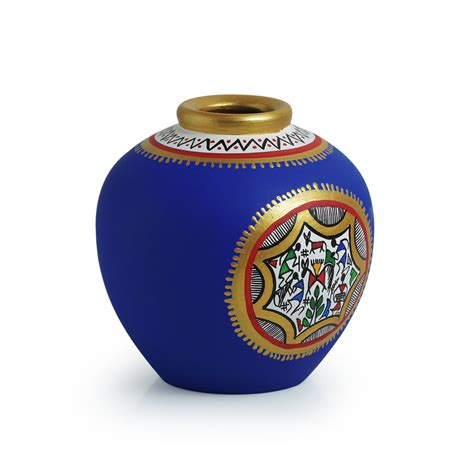 15.2 cm Terracotta Handpainted Warli Matki Shaped Vase In Blue ...