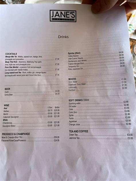 Menu at Jane’s Asian Seafood Restaurant, Bristol