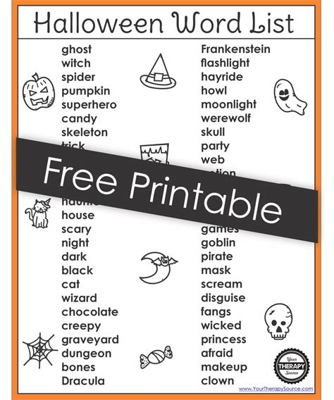 Halloween Word List Printable FREE PDF - Your Therapy Source