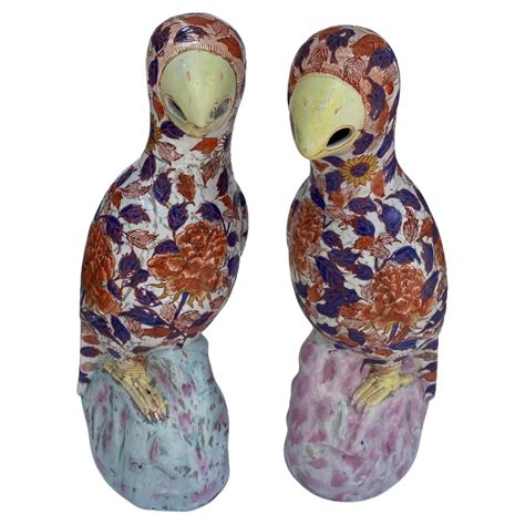 Pair of Famille Rose PARROTS w/ Yi Qian Tang Long Nian Zhi Mark 19th ...