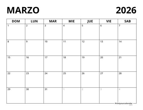 Calendario Marzo 2026 - Para imprimir gratis