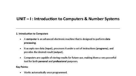 UNIT I: Intro to Computers & Number Systems Overview - Studocu