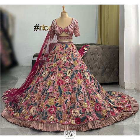 MULTI-COLOURED ROSE LEHENGA WITH HUGE TRAIN – Ricco India