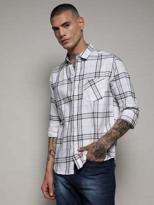 Buy Campus Sutra Mens White & Black Tartan Plaid Shirt Online
