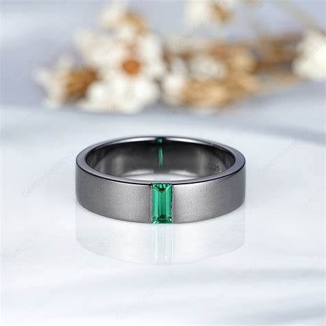 Baguette Emerald Black Gold Men Wedding Band Minimalist 5mm Men Wedding ...