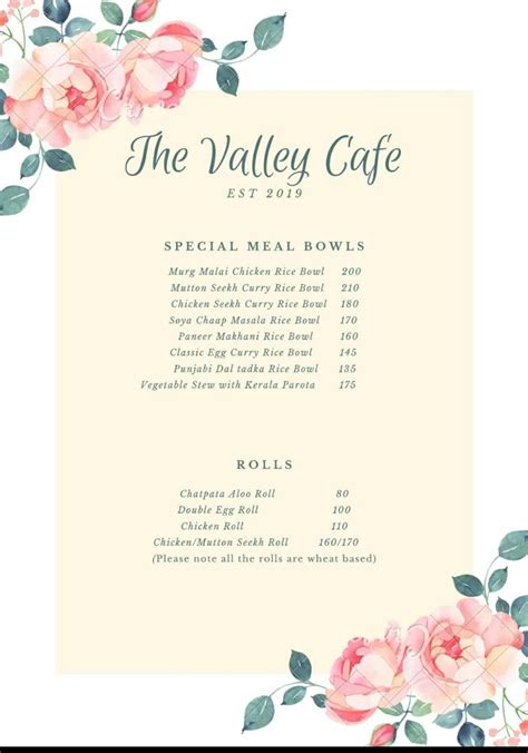 Menu at The Valley Cafe, Dehradun