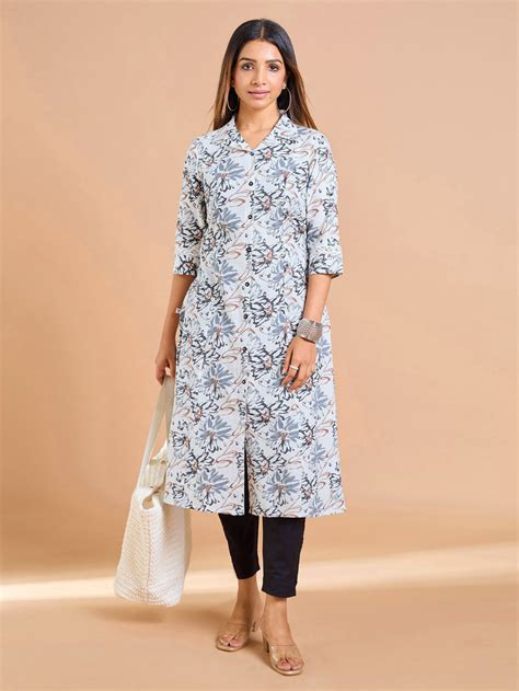 Black And White Cotton Flax Printed Kurti