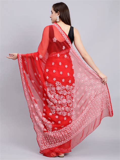 Seva Chikan Hand Embroidered Red Georgette Lucknowi Chikankari Saree-