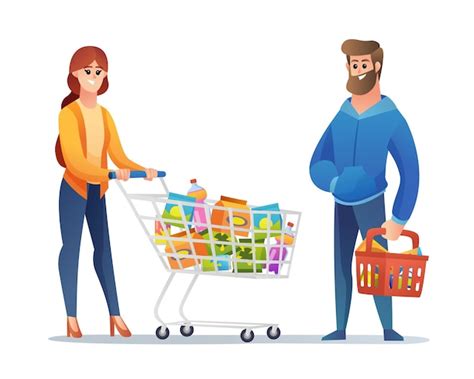 Happy man and woman shopping cartoon character set | Premium Vector