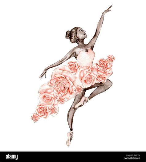 Watercolor dancing ballerina composition with flowers.Pink pretty ...