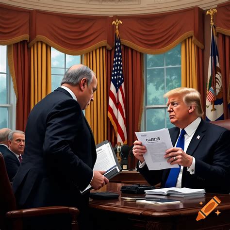 Donald Trump and another man examining documents in the Oval Office. on ...