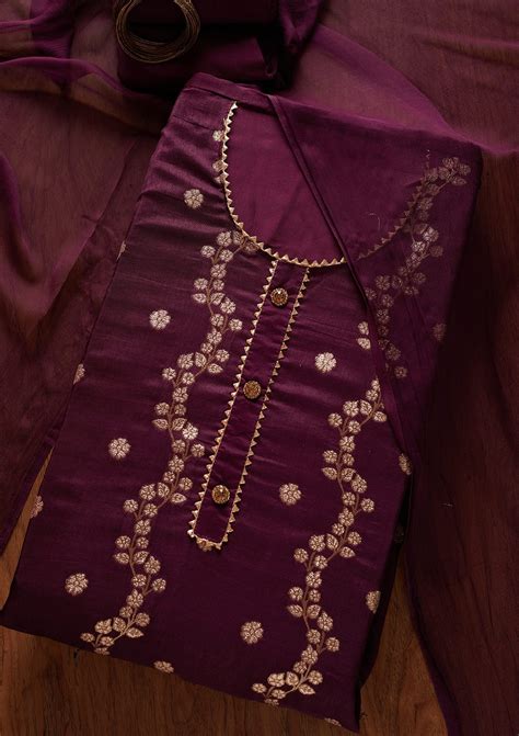 Buy Wine Zariwork Semi Crepe Unstitched Salwar Suit - Koskii