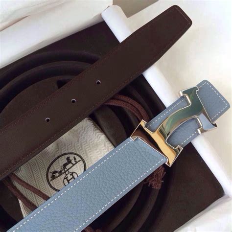 Hermes Two-sided Mens Belt J7 Blue Lin Togo Leather/Dark Coffee Box ...