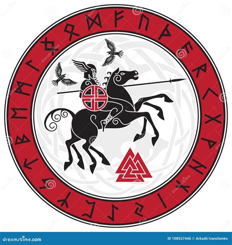 Gud Wotan Som Rider På En Häst Sleipnir Med Ett Spjut Och Två Ravens I ...