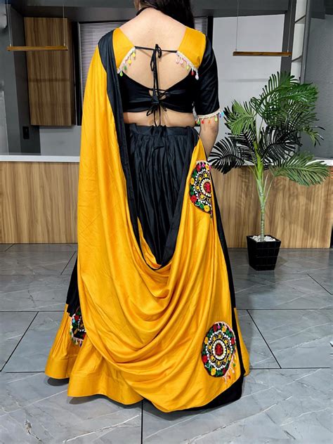 Elegant Black and Mustard Yellow Chaniya Choli with Traditional Mirror ...